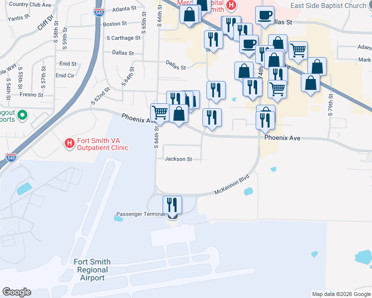 map of restaurants, bars, coffee shops, grocery stores, and more near 6806 Independence Street in Fort Smith