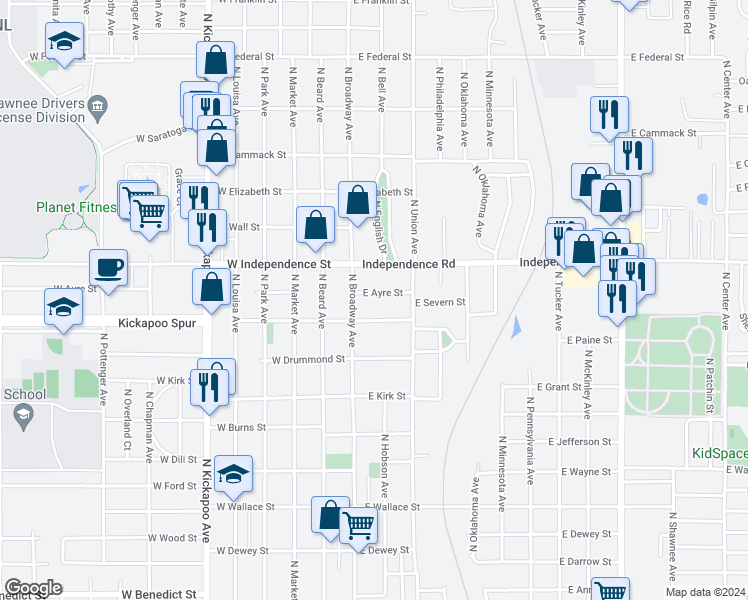 map of restaurants, bars, coffee shops, grocery stores, and more near 17 East Ayre Street in Shawnee