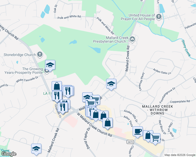 map of restaurants, bars, coffee shops, grocery stores, and more near 10745 Tradition View Drive in Charlotte
