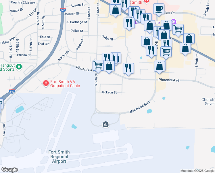 map of restaurants, bars, coffee shops, grocery stores, and more near 6700 Independence Street in Fort Smith