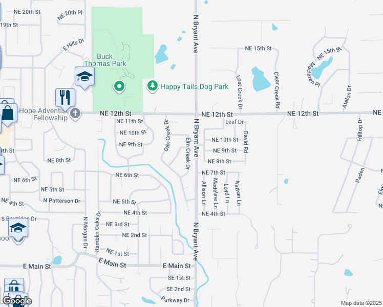map of restaurants, bars, coffee shops, grocery stores, and more near 916 Elm Creek Drive in Moore