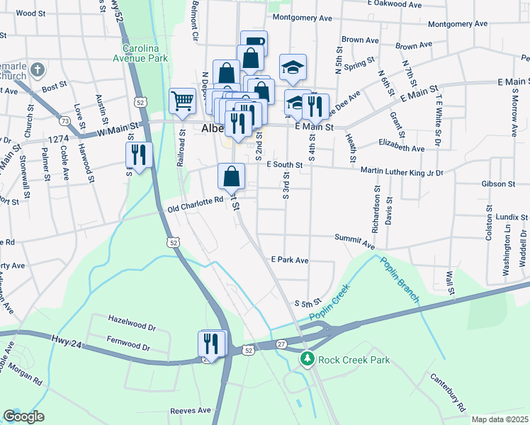 map of restaurants, bars, coffee shops, grocery stores, and more near 503 South 2nd Street in Albemarle