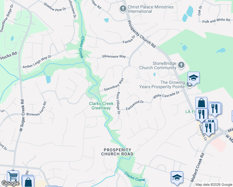 map of restaurants, bars, coffee shops, grocery stores, and more near 9801 Kent Village Drive in Charlotte
