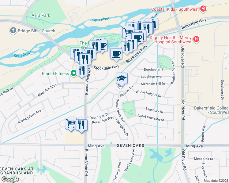 map of restaurants, bars, coffee shops, grocery stores, and more near 10910 Rosslyn Lane in Bakersfield