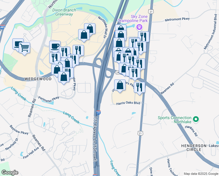 map of restaurants, bars, coffee shops, grocery stores, and more near 9300 Harris Corners Parkway in Charlotte