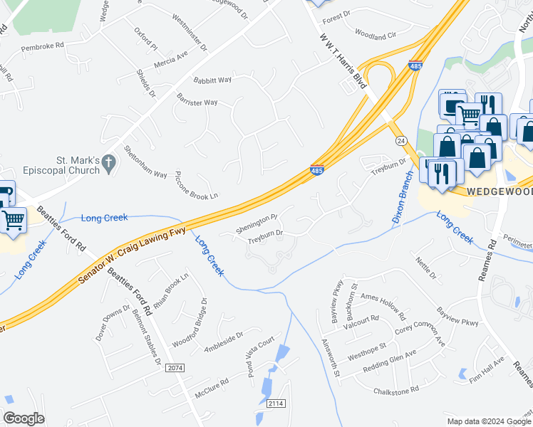 map of restaurants, bars, coffee shops, grocery stores, and more near 9125 Shenington Place in Charlotte