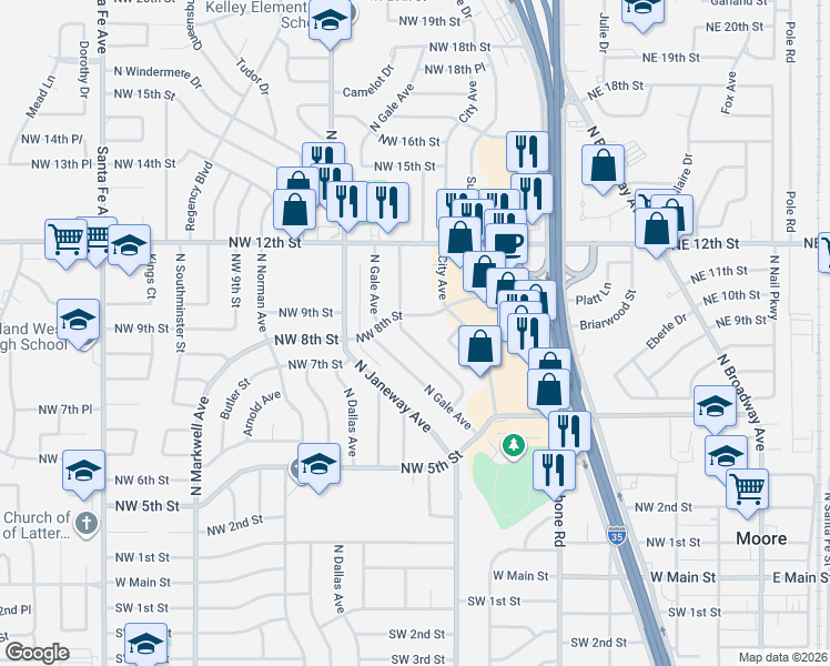 map of restaurants, bars, coffee shops, grocery stores, and more near 824 Lawton in Moore