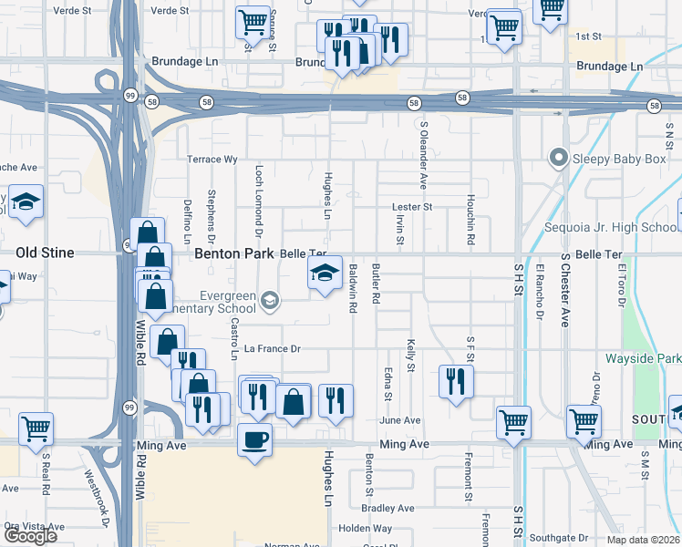 map of restaurants, bars, coffee shops, grocery stores, and more near 911 Baldwin Road in Bakersfield