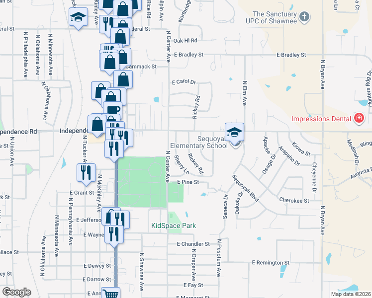 map of restaurants, bars, coffee shops, grocery stores, and more near 1408 Rickey Road in Shawnee