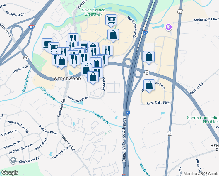 map of restaurants, bars, coffee shops, grocery stores, and more near 9404 Perimeter Station Drive in Charlotte