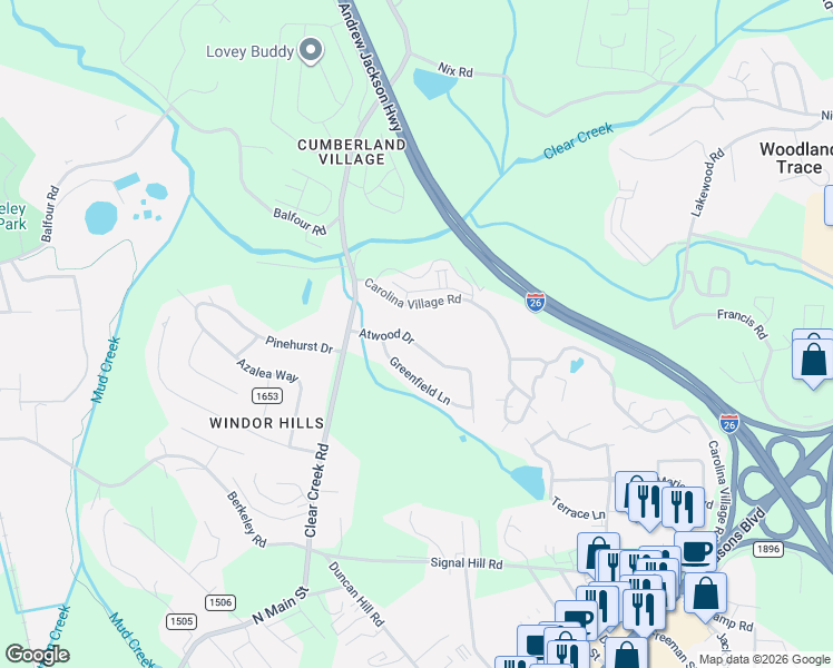 map of restaurants, bars, coffee shops, grocery stores, and more near 115 Atwood Drive in Hendersonville