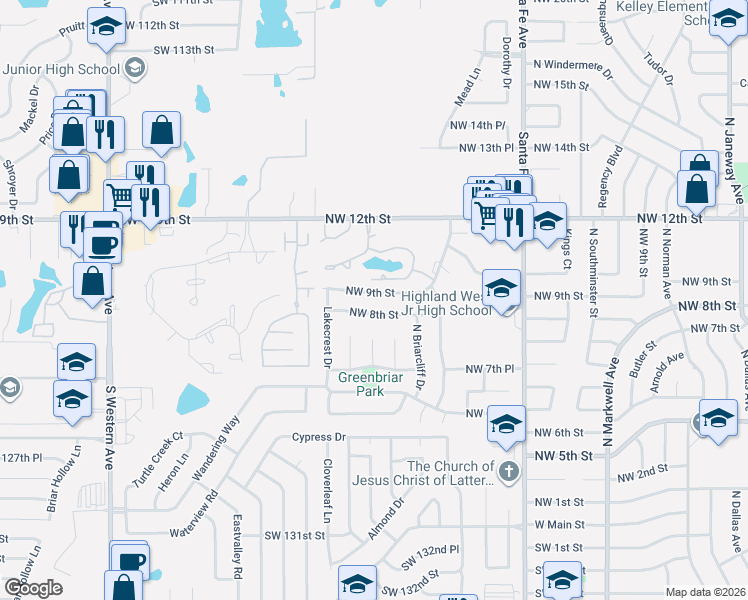 map of restaurants, bars, coffee shops, grocery stores, and more near 1312 Northwest 9th Street in Moore