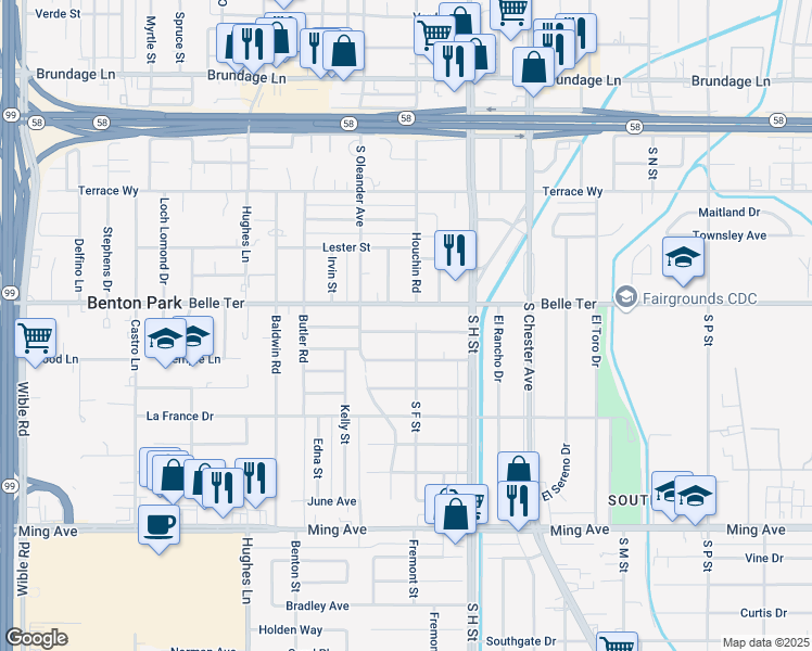 map of restaurants, bars, coffee shops, grocery stores, and more near 1802 Shamrock Way in Bakersfield