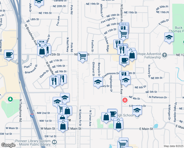 map of restaurants, bars, coffee shops, grocery stores, and more near 1117 Elmhurst Street in Moore