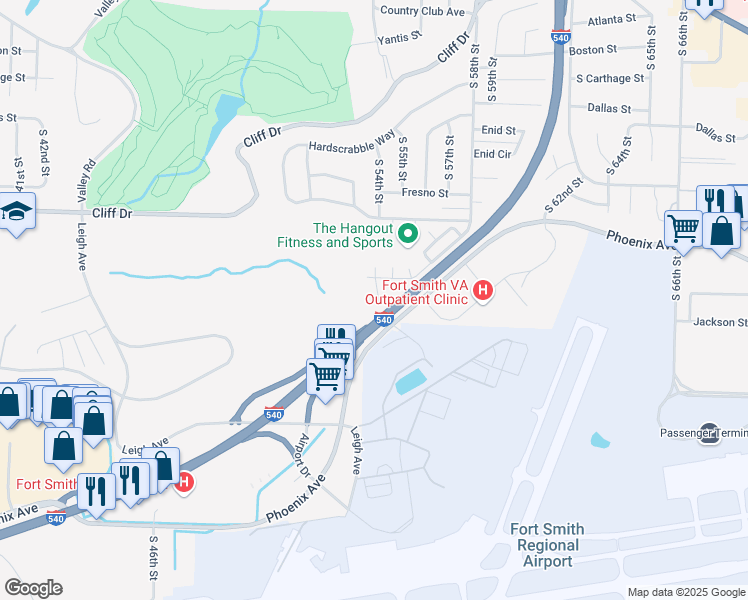 map of restaurants, bars, coffee shops, grocery stores, and more near 3714 Heather Ridge Court in Fort Smith
