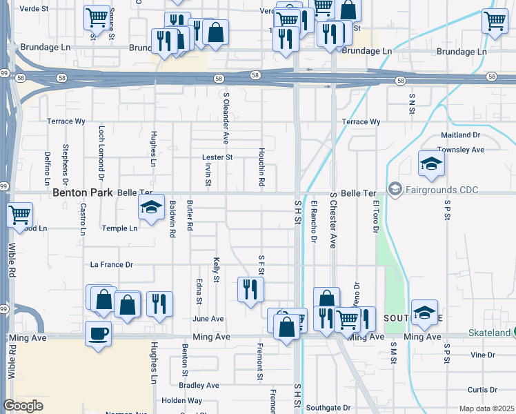 map of restaurants, bars, coffee shops, grocery stores, and more near 1800 Shamrock Way in Bakersfield