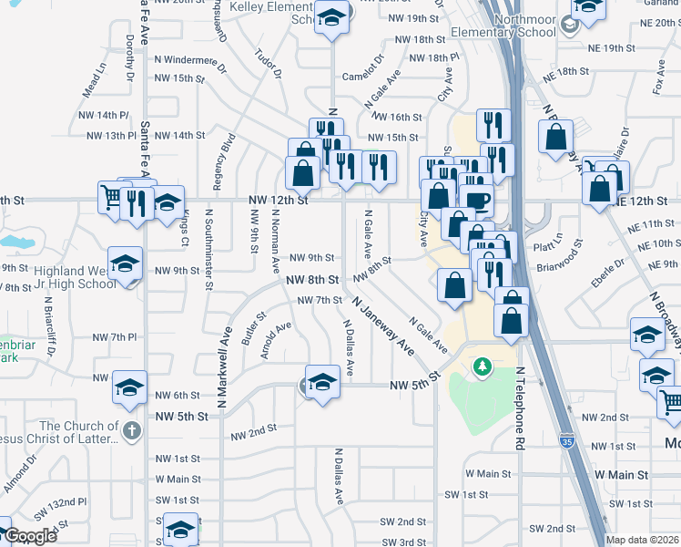 map of restaurants, bars, coffee shops, grocery stores, and more near 901 North Janeway Avenue in Moore