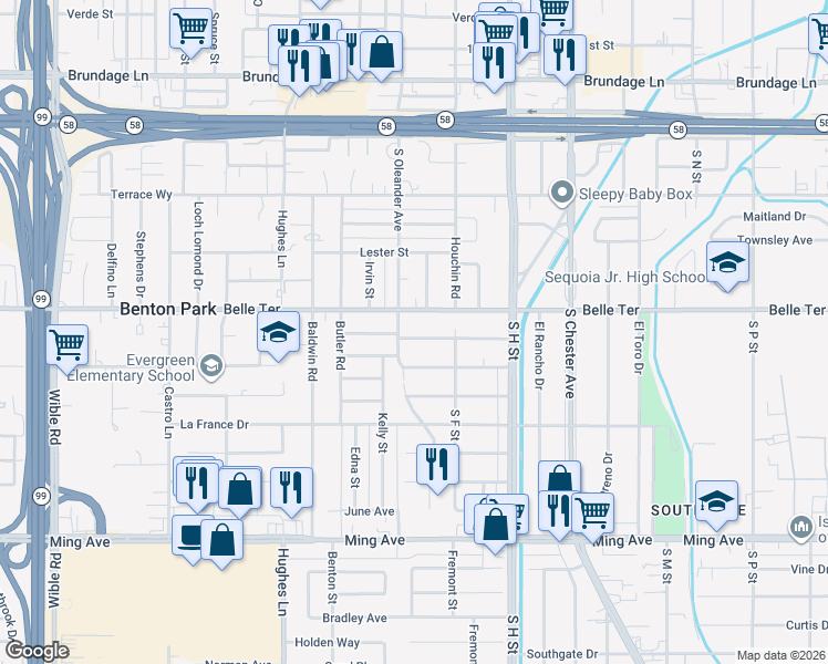 map of restaurants, bars, coffee shops, grocery stores, and more near 1814 Shamrock Way in Bakersfield