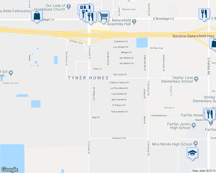 map of restaurants, bars, coffee shops, grocery stores, and more near 5108 La Pinta Maria Drive in Bakersfield