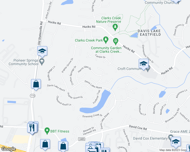 map of restaurants, bars, coffee shops, grocery stores, and more near 9419 Harris Glen Drive in Charlotte