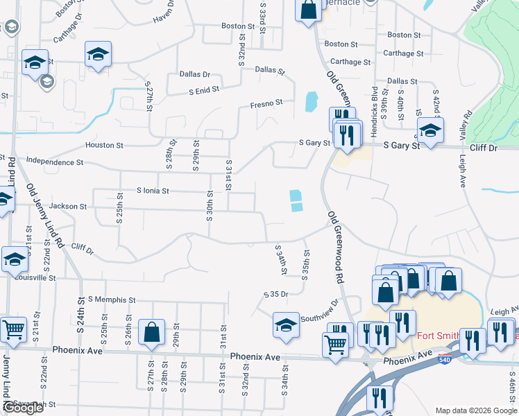 map of restaurants, bars, coffee shops, grocery stores, and more near 3825 South 32nd Street in Fort Smith
