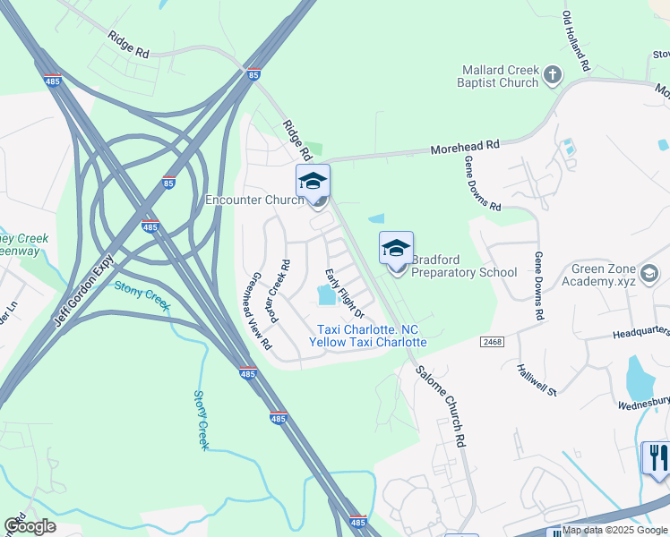 map of restaurants, bars, coffee shops, grocery stores, and more near 14209 Waterfowl Lane in Charlotte