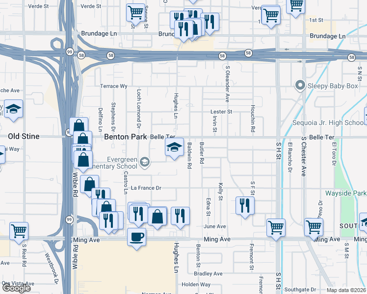 map of restaurants, bars, coffee shops, grocery stores, and more near 911 Baldwin Road in Bakersfield