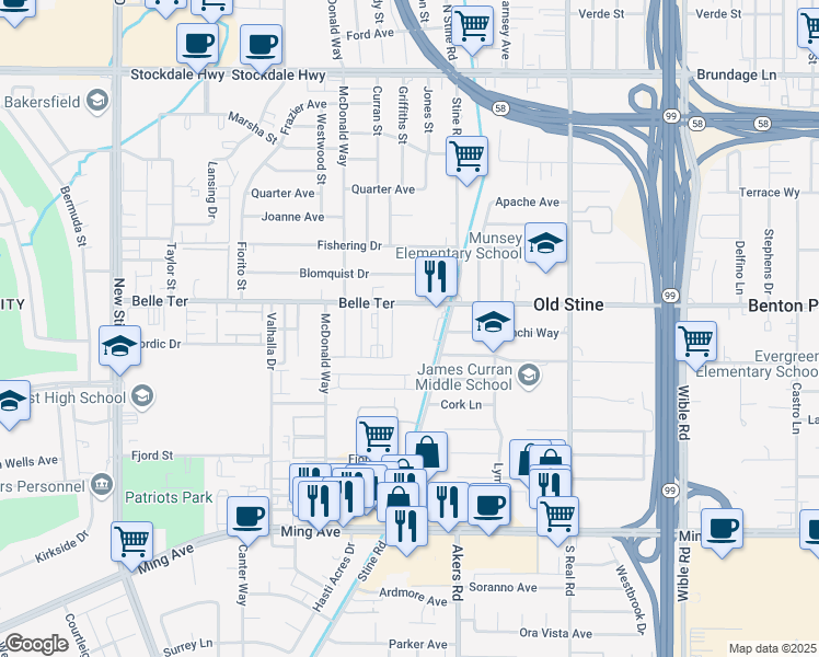 map of restaurants, bars, coffee shops, grocery stores, and more near 905 Stine Road in Bakersfield