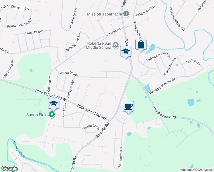 map of restaurants, bars, coffee shops, grocery stores, and more near 5388 Hackberry Lane Southwest in Concord