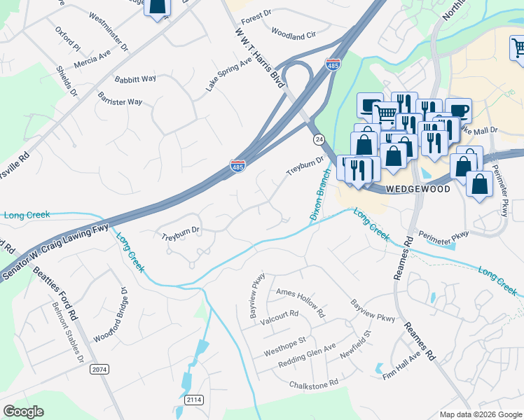 map of restaurants, bars, coffee shops, grocery stores, and more near 9128 Treyburn Drive in Charlotte