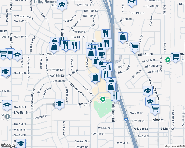 map of restaurants, bars, coffee shops, grocery stores, and more near 801 City Avenue in Moore