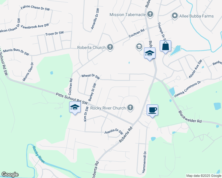 map of restaurants, bars, coffee shops, grocery stores, and more near 5340 Hackberry Lane Southwest in Concord