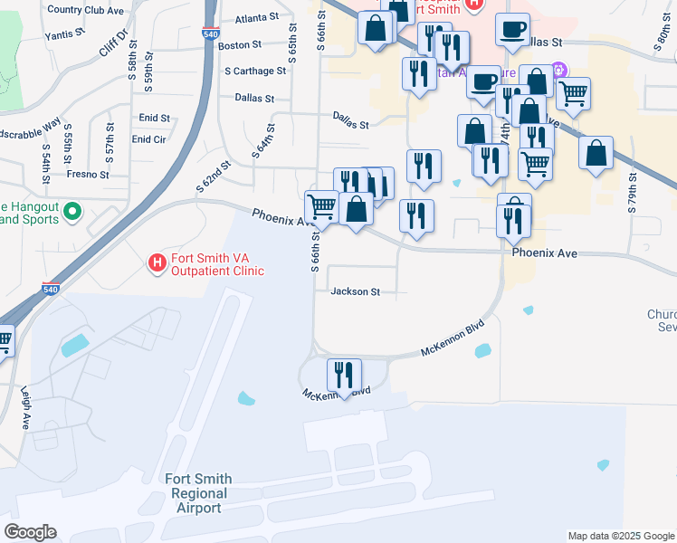 map of restaurants, bars, coffee shops, grocery stores, and more near 6700 Independence Street in Fort Smith