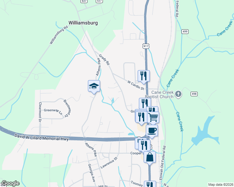 map of restaurants, bars, coffee shops, grocery stores, and more near 323 Grady Road in Etowah