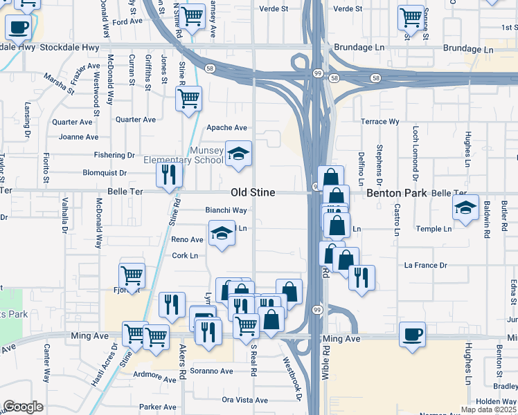 map of restaurants, bars, coffee shops, grocery stores, and more near 806 South Real Road in Bakersfield