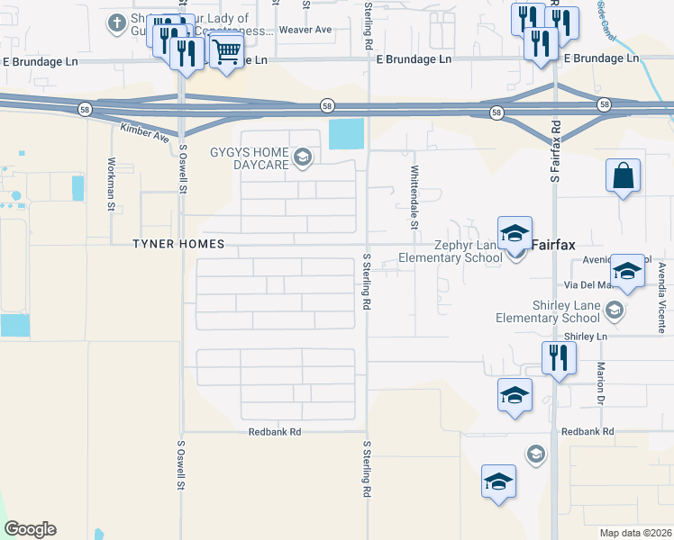 map of restaurants, bars, coffee shops, grocery stores, and more near 5512 La Pinta Maria Drive in Bakersfield