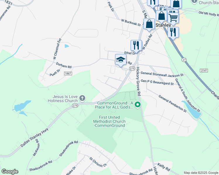map of restaurants, bars, coffee shops, grocery stores, and more near 2723 Dallas Stanley Highway in Stanley