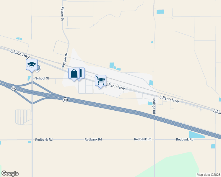 map of restaurants, bars, coffee shops, grocery stores, and more near 12301 Edison Highway in Bakersfield