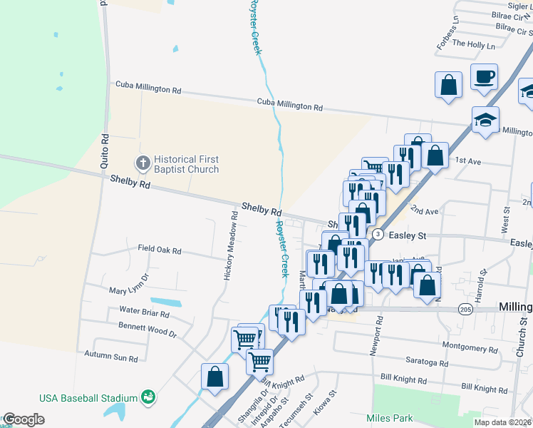map of restaurants, bars, coffee shops, grocery stores, and more near 4565 Shelby Road in Millington