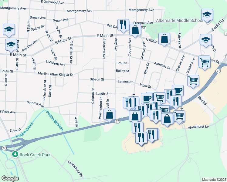 map of restaurants, bars, coffee shops, grocery stores, and more near 446 Arey Avenue in Albemarle