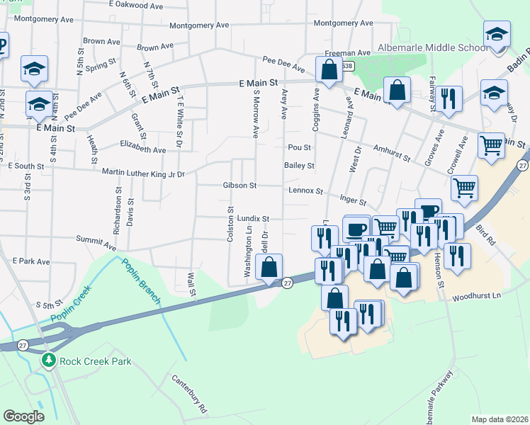 map of restaurants, bars, coffee shops, grocery stores, and more near 1109 Lundix Street in Albemarle