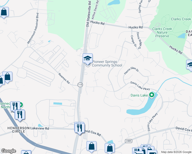 map of restaurants, bars, coffee shops, grocery stores, and more near 4723 Bridle Ridge Lane in Charlotte