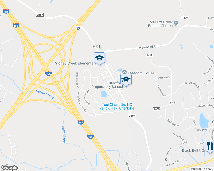 map of restaurants, bars, coffee shops, grocery stores, and more near 14217 Waterfowl Lane in Charlotte