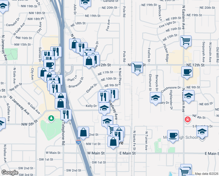 map of restaurants, bars, coffee shops, grocery stores, and more near 106 Northeast 9th Street in Moore