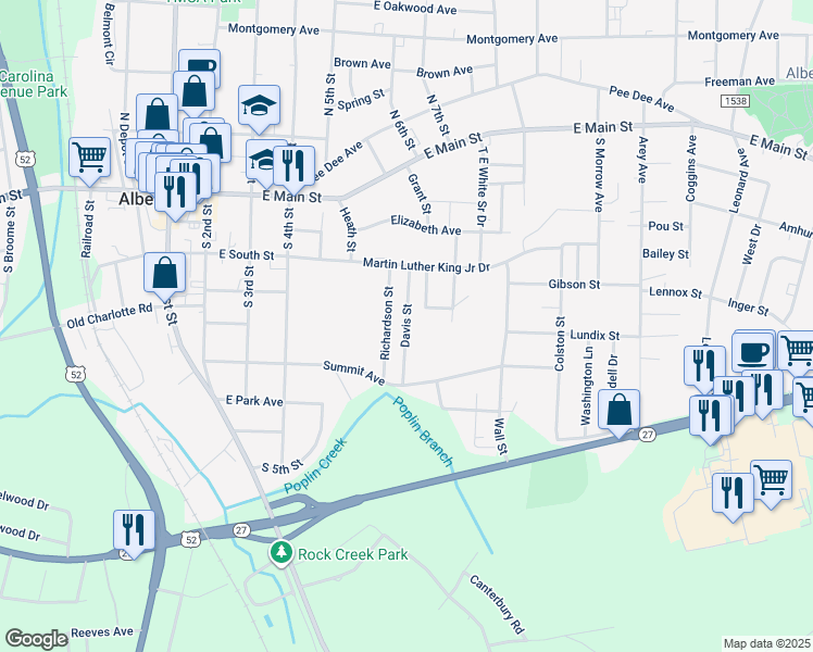 map of restaurants, bars, coffee shops, grocery stores, and more near Davis Street in Albemarle