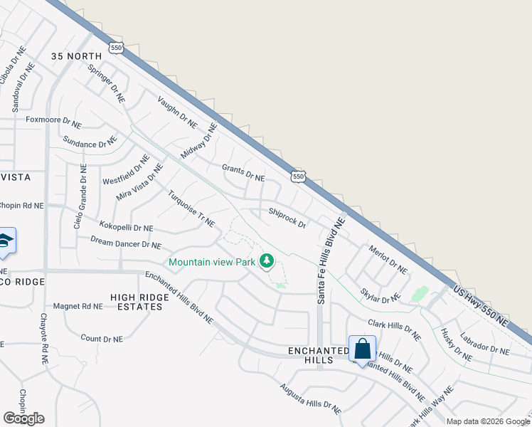 map of restaurants, bars, coffee shops, grocery stores, and more near 6518 Shiprock Drive Northeast in Rio Rancho