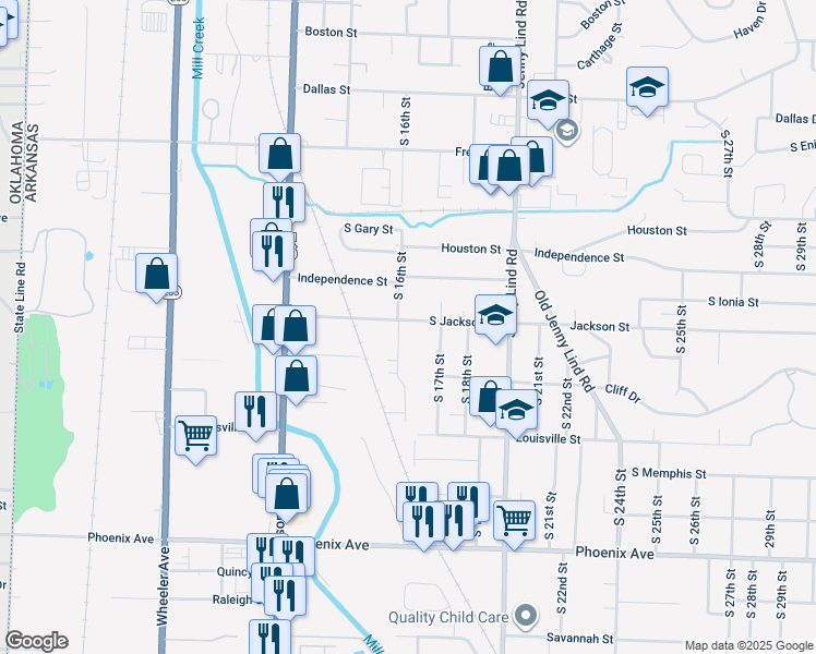 map of restaurants, bars, coffee shops, grocery stores, and more near 1604 South Jackson Street in Fort Smith