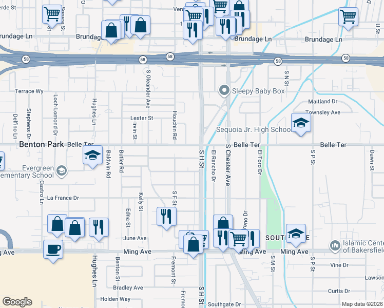 map of restaurants, bars, coffee shops, grocery stores, and more near 1706 Shamrock Way in Bakersfield