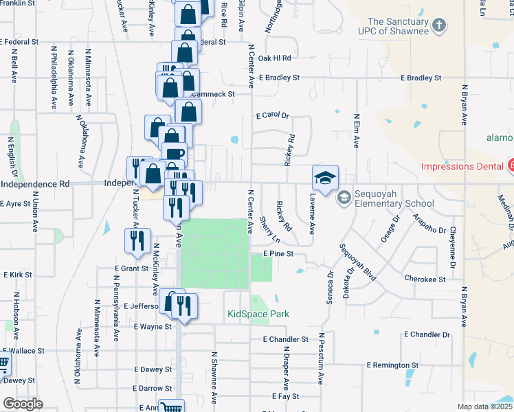 map of restaurants, bars, coffee shops, grocery stores, and more near 1408 Sherry Lane in Shawnee