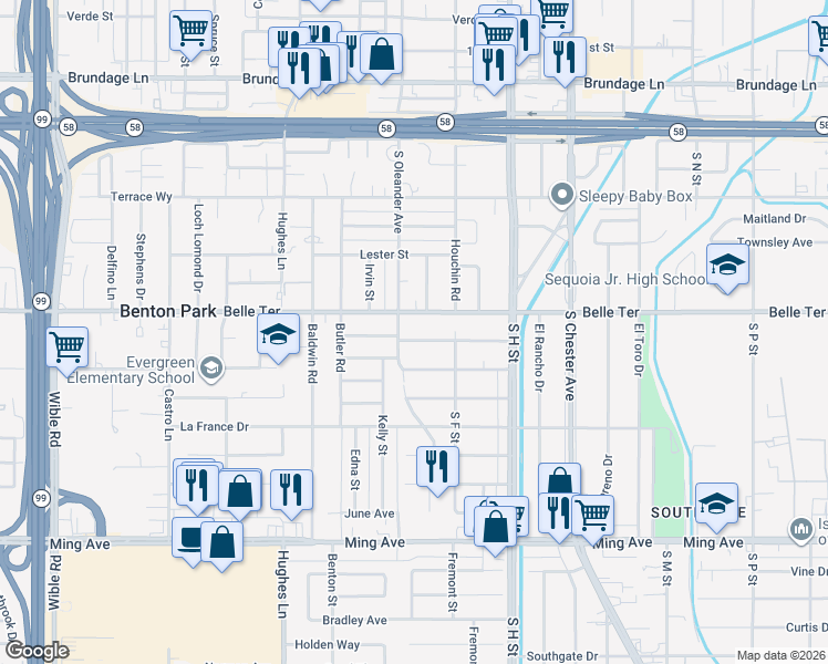map of restaurants, bars, coffee shops, grocery stores, and more near 1814 Shamrock Way in Bakersfield